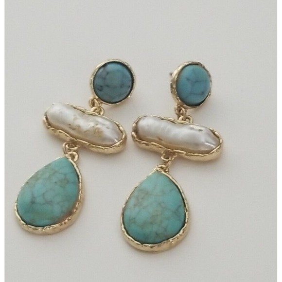 Pearl Jewelry - Freshwater White Pearl Blue Turquoise Dangle Stud Earrings